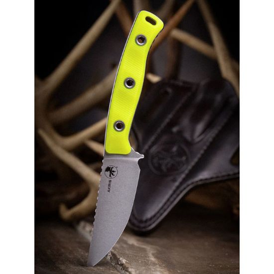 Microtech, Akris, S/E, Fixed Blade Knife, (3.7 Inch), Stonewash, High Visibility G10 Handles, Full Tang, M390, Field/Hunting Knife, Neon Yellow, With Dark Chocolate Sheath, Made in the USA, MICROTECH-95-10HV-1, RTG Parts