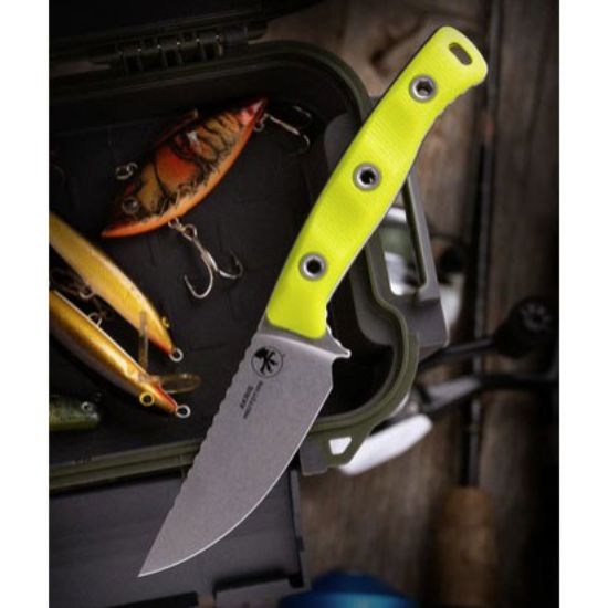 Microtech, Akris, S/E, Fixed Blade Knife, (3.7 Inch), Stonewash, High Visibility G10 Handles, Full Tang, M390, Field/Hunting Knife, Neon Yellow, With Dark Chocolate Sheath, Made in the USA, MICROTECH-95-10HV-1, RTG Parts
