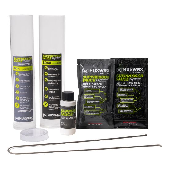 HUXWRX Safety Co., Suppressor Sauce Cleaning Kit, Multi Color, Includes Mix & Extraction Wire Tool, Mix Bottle, Soak Bottle with Lid, One Packet of Part A: Carbon Removal Formula, One Bottle of Part A: Activator, One Packet of Part B: Heavy Metal Removal Formula, 810176430002, HUX-3202, RTG PARTS