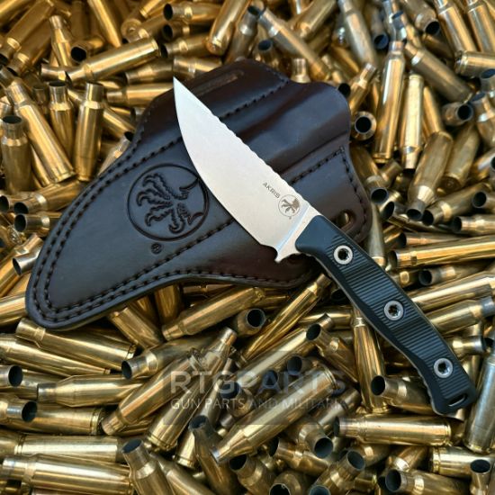 Microtech, Akris, S/E, Fixed Blade Knife, Black, (3.7 Inch), Stonewash, Black G10 Handles, Full Tang, M390, Field/Hunting Knife, With Dark Chocolate Sheath, Made in the USA, 810222581085, MICROTECH-95-10BK-1, RTG Parts