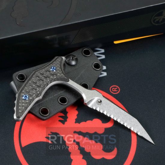 Picture of MICROTECH BEE PUSH DAGGER 2.5" STONEWASH FULL SERRATED CARBON HANDLES, BLUE TI HARDWARE, 218-12MS5