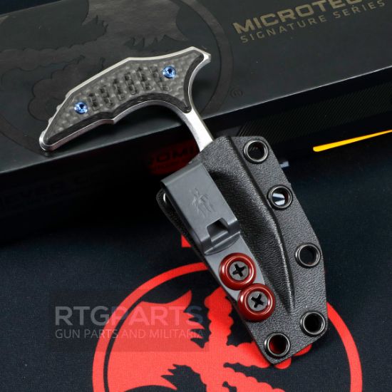 Picture of MICROTECH BEE PUSH DAGGER 2.5" STONEWASH FULL SERRATED CARBON HANDLES, BLUE TI HARDWARE, 218-12MS5