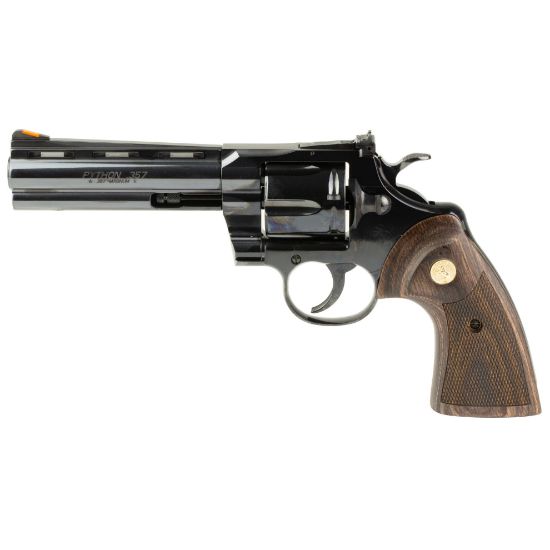 Colt, Python, Revolver, Double/Single Action, 357 Magnum, 5" Barrel, Blued Finish, Black, Blade Front/Adjustable Rear Sight, Wood Grips, 6 Rounds,  Colt's Manufacturing, 098289003591, FFL-COLT-PYTHON-BP5WTS, RTG Parts