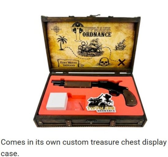 Tippmann Ordnance, Pirate Pistol, Pump Action with Slam Fire, .380ACP, 10" Barrel Threaded 1/2x28, 7+1 Capacity, Steel, Black, Walnut Stock, Treasure Chest Display Case, FFL-TO-DTSR-380, RTG Parts