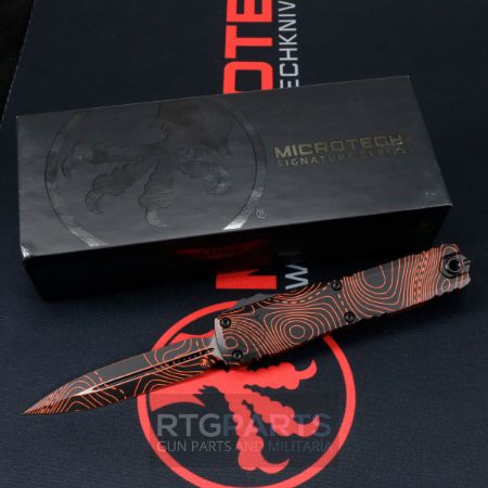 Picture of MICROTECH ULTRATECH GEN IV OTF AUTO KNIFE, BLACK ORANGE TOPOGRAPHIC D/E 3.5" M390 DAGGER 11224-1TPBKORCS