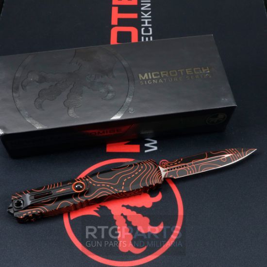 Picture of MICROTECH ULTRATECH GEN IV OTF AUTO KNIFE, BLACK ORANGE TOPOGRAPHIC D/E 3.5" M390 DAGGER 11224-1TPBKORCS