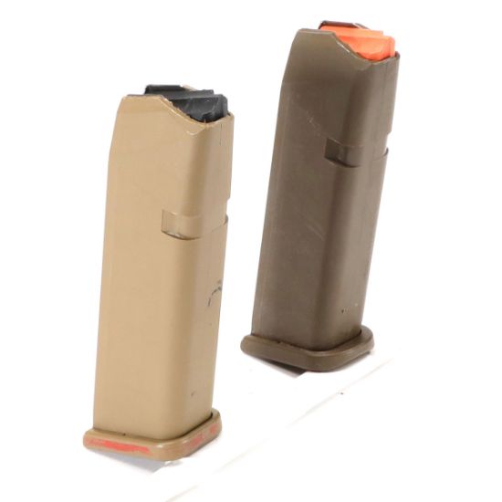 TWO USED GLOCK 17RD 9MM TAN MAGS, Just One Available, J1-AFM-260525, RTG Parts