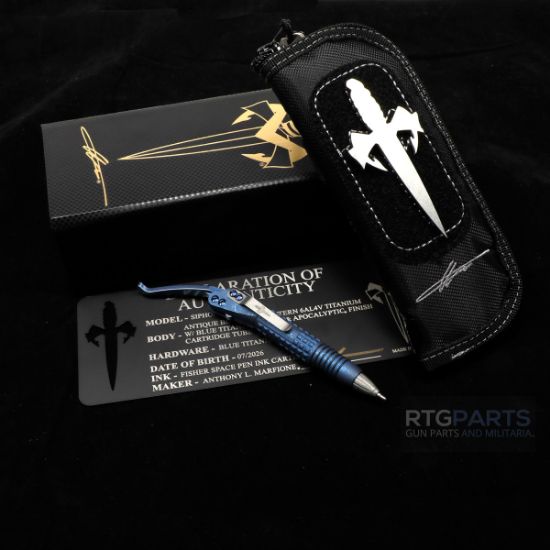 Microtech, Siphon II, Lever Action Pen, Titanium, Antique Blue Frag Pattern Titanium with Blue Titanium Lever, 810222586196, MICROTECH-401-ABFRTIBLAP-MCK, RTG Parts