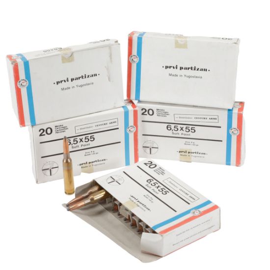 FIVE BOXES OF 6.5X55 SOFT POINTS, 100RDS TOTAL, Just one available, J1-TG3-1479, RTG Parts