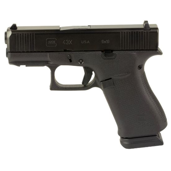 GLOCK, 43X, Striker Fired, Semi-automatic, Polymer Frame Pistol, Sub-Compact, 9MM, 3.41" Barrel, GLOCK Marksman Barrel, nDLC Finish, Black, Front Rail, No Finger Grooves, Fixed Sights, 15 Rounds, 2 Magazines, 764503073519, FFL-GLOCK-UX4350203FR, RTG Parts