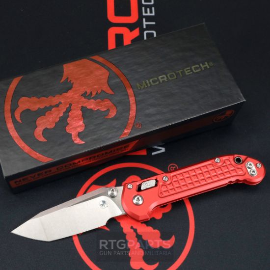 Picture of MICROTECH LUDT RAM-LOK KNIFE, T/E 3.45" STONEWASH, RED ALUM FRAG 1136RL-10FRRD
