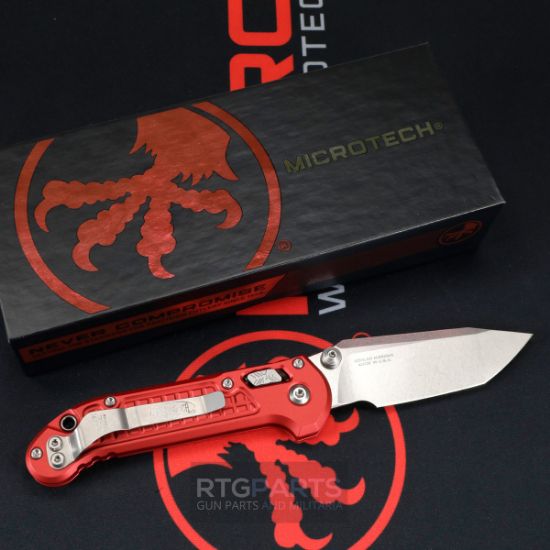 Picture of MICROTECH LUDT RAM-LOK KNIFE, T/E 3.45" STONEWASH, RED ALUM FRAG 1136RL-10FRRD