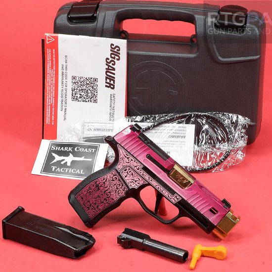 Sig Sauer, P365X, Striker Fired, Semi-automatic, Polymer Framed Pistol, Sub-Compact, 9MM, Zaffiri 3.7" Gold Colored Barrel With Threadless Compensator, Custom Lady Bug Cerakote Finish by Shark Coast Tactical, XRAY3 Day/Night Sights, Optic Ready, 12 Rounds, 2 Magazines, Laser Engraved Scrollwork On Frame, Stippled Grip, 810105519822, FFL-SIG-365X-9-BXR3P-LADYBUG, RTG Parts