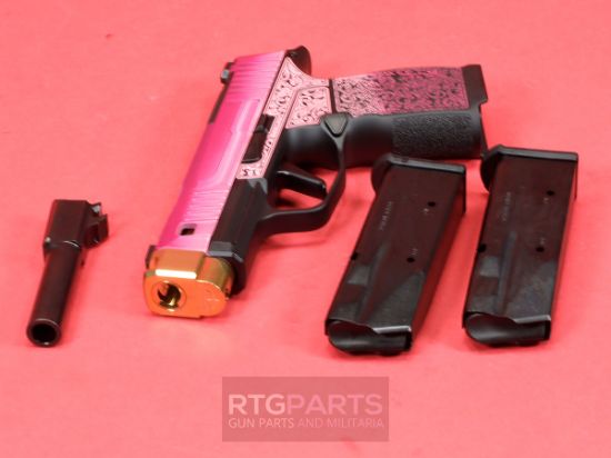 Sig Sauer, P365X, Striker Fired, Semi-automatic, Polymer Framed Pistol, Sub-Compact, 9MM, Zaffiri 3.7" Gold Colored Barrel With Threadless Compensator, Custom Lady Bug Cerakote Finish by Shark Coast Tactical, XRAY3 Day/Night Sights, Optic Ready, 12 Rounds, 2 Magazines, Laser Engraved Scrollwork On Frame, Stippled Grip, 810105519822, FFL-SIG-365X-9-BXR3P-LADYBUG, RTG Parts