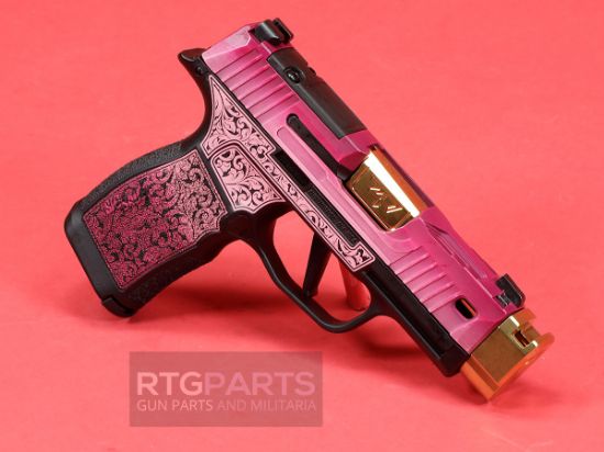 Sig Sauer, P365X, Striker Fired, Semi-automatic, Polymer Framed Pistol, Sub-Compact, 9MM, Zaffiri 3.7" Gold Colored Barrel With Threadless Compensator, Custom Lady Bug Cerakote Finish by Shark Coast Tactical, XRAY3 Day/Night Sights, Optic Ready, 12 Rounds, 2 Magazines, Laser Engraved Scrollwork On Frame, Stippled Grip, 810105519822, FFL-SIG-365X-9-BXR3P-LADYBUG, RTG Parts