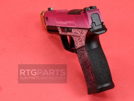 Sig Sauer, P365X, Striker Fired, Semi-automatic, Polymer Framed Pistol, Sub-Compact, 9MM, Zaffiri 3.7" Gold Colored Barrel With Threadless Compensator, Custom Lady Bug Cerakote Finish by Shark Coast Tactical, XRAY3 Day/Night Sights, Optic Ready, 12 Rounds, 2 Magazines, Laser Engraved Scrollwork On Frame, Stippled Grip, 810105519822, FFL-SIG-365X-9-BXR3P-LADYBUG, RTG Parts