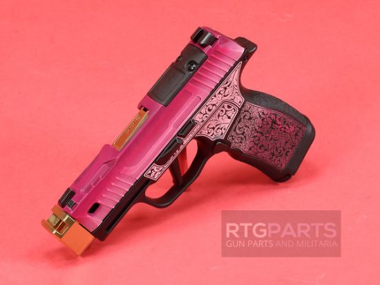 Sig Sauer, P365X, Striker Fired, Semi-automatic, Polymer Framed Pistol, Sub-Compact, 9MM, Zaffiri 3.7" Gold Colored Barrel With Threadless Compensator, Custom Lady Bug Cerakote Finish by Shark Coast Tactical, XRAY3 Day/Night Sights, Optic Ready, 12 Rounds, 2 Magazines, Laser Engraved Scrollwork On Frame, Stippled Grip, 810105519822, FFL-SIG-365X-9-BXR3P-LADYBUG, RTG Parts