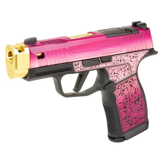 Sig Sauer, P365X, Striker Fired, Semi-automatic, Polymer Framed Pistol, Sub-Compact, 9MM, Zaffiri 3.7" Gold Colored Barrel With Threadless Compensator, Custom Lady Bug Cerakote Finish by Shark Coast Tactical, XRAY3 Day/Night Sights, Optic Ready, 12 Rounds, 2 Magazines, Laser Engraved Scrollwork On Frame, Stippled Grip, 810105519822, FFL-SIG-365X-9-BXR3P-LADYBUG, RTG Parts