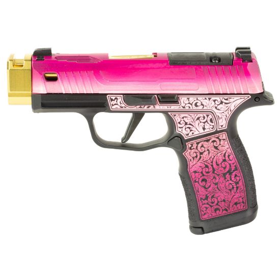 Sig Sauer, P365X, Striker Fired, Semi-automatic, Polymer Framed Pistol, Sub-Compact, 9MM, Zaffiri 3.7" Gold Colored Barrel With Threadless Compensator, Custom Lady Bug Cerakote Finish by Shark Coast Tactical, XRAY3 Day/Night Sights, Optic Ready, 12 Rounds, 2 Magazines, Laser Engraved Scrollwork On Frame, Stippled Grip, 810105519822, FFL-SIG-365X-9-BXR3P-LADYBUG, RTG Parts