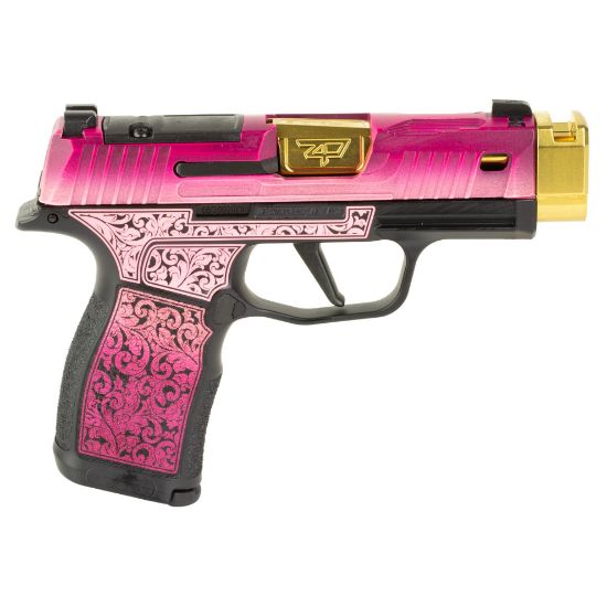 Sig Sauer, P365X, Striker Fired, Semi-automatic, Polymer Framed Pistol, Sub-Compact, 9MM, Zaffiri 3.7" Gold Colored Barrel With Threadless Compensator, Custom Lady Bug Cerakote Finish by Shark Coast Tactical, XRAY3 Day/Night Sights, Optic Ready, 12 Rounds, 2 Magazines, Laser Engraved Scrollwork On Frame, Stippled Grip, 810105519822, FFL-SIG-365X-9-BXR3P-LADYBUG, RTG Parts