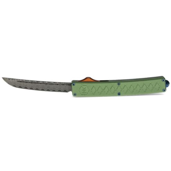 Normandy Knives, Shogun, Out The Front Automatic, 3.5" Curved Damascus Blade, Aluminum Body, Green, OTF, NK-SHOGUN-GREEN, RTG Parts