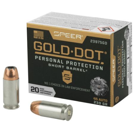Speer Ammunition, Gold Dot, 45 ACP, 230 Grain, Gold Dot Hollow Point, Designed for Short Barrels, 20 Round Box, 230gr, 604544647310, AMMO-23975GD, RTG Parts