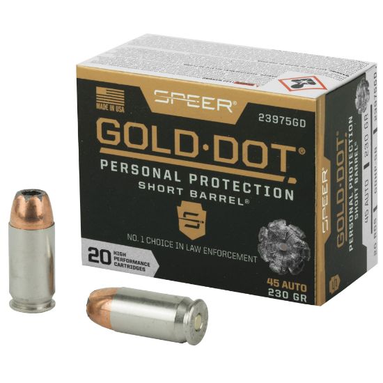 Speer Ammunition, Gold Dot, 45 ACP, 230 Grain, Gold Dot Hollow Point, Designed for Short Barrels, 20 Round Box, 230gr, 604544647310, AMMO-23975GD, RTG Parts