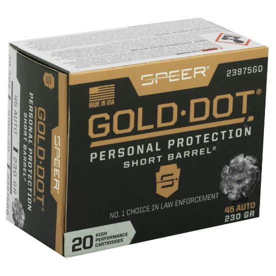 Speer Ammunition, Gold Dot, 45 ACP, 230 Grain, Gold Dot Hollow Point, Designed for Short Barrels, 20 Round Box, 230gr, 604544647310, AMMO-23975GD, RTG Parts