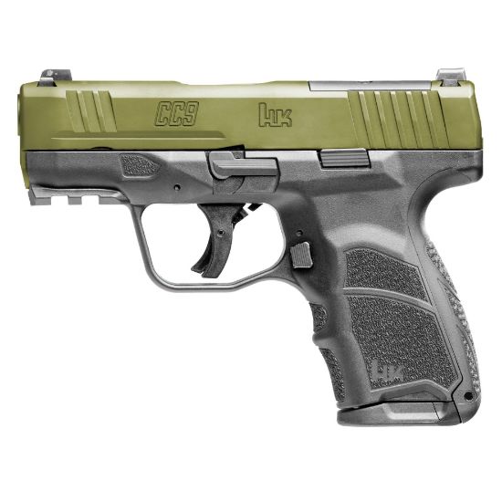HK CC9 12rd Bazooka Green, Heckler & Koch, Semi-automatic, Striker Fired, Polymer Framed Pistol, Sub-Compact, 9MM, 3.32" Barrel,  Front Night Sight, 12 Rounds, (1)-12 Round and (1)-10 Round Magazine, 642230275133, FFL-HKK-81001401, RTG Parts