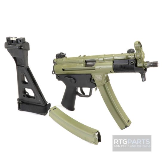 HK SP5K-PDW Bazooka Green Edition With Free Side Folding Brace, Heckler & Koch, SP5K, Pistol, Semi-automatic, 9MM, Threaded Barrel, Steel Receiver, Black, Polymer Pistol Grip, Iron Sights, 2x 30rd Mags, Ambidextrous, 642230276352, FFL-HKK-81000463, RTG Parts