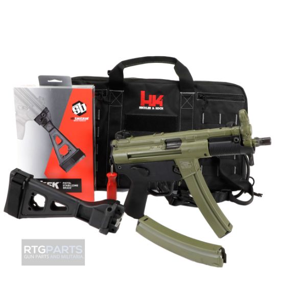HK SP5K-PDW Bazooka Green Edition With Free Side Folding Brace, Heckler & Koch, SP5K, Pistol, Semi-automatic, 9MM, Threaded Barrel, Steel Receiver, Black, Polymer Pistol Grip, Iron Sights, 2x 30rd Mags, Ambidextrous, 642230276352, FFL-HKK-81000463, RTG Parts