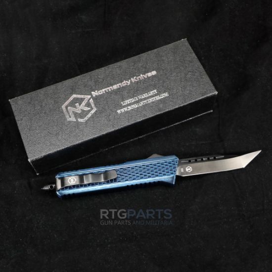Normandy Knives, Crusader V2, Out The Front Automatic, 3" Tanto, D2 Steel, Blue Titanium Plated Steel Alloy Handle, OTF, NK-CRUSADER-3-BLUE-BLACK, RTG Parts
