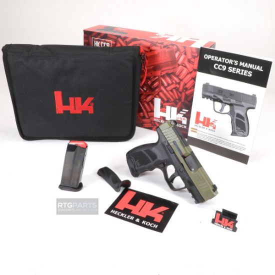 HK CC9 12rd Bazooka Green, Heckler & Koch, Semi-automatic, Striker Fired, Polymer Framed Pistol, Sub-Compact, 9MM, 3.32" Barrel, Front Night Sight, 12 Rounds, (1)-12 Round and (1)-10 Round Magazine, 642230275133, FFL-HKK-81001401, RTG Parts