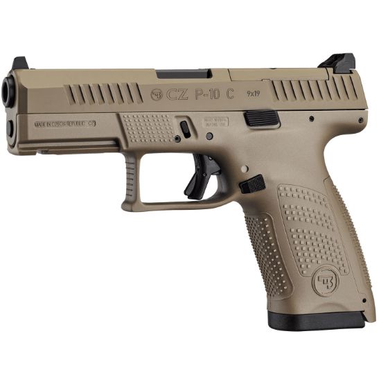 CZ, P-10C Optic Ready, FDE, Semi-automatic, Striker Fired, Compact, 9MM, 4.02" Barrel, Flat Dark Earth Finish, Polymer Frame, Ambidextrous, Trigger Safety, Fixed Sights, 15rd Magazine, 806703915777, FFL-CZ-91577, RTG Parts