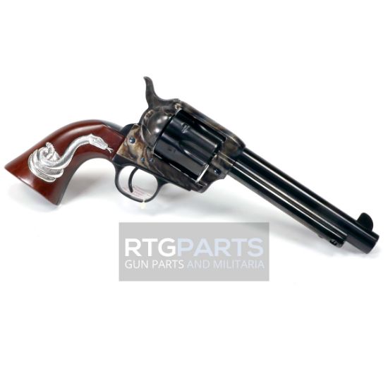 Cimarron, 1851, Man With No Name, Revolver, Single Action, 45LC, 5.5" Barrel, Steel Frame, Case Hardened Finish, Fixed Sights, Wood Grips with Rattlesnake, 6 Rounds, 844234128655, FFL-CIM-MP411SSI01, RTG Parts