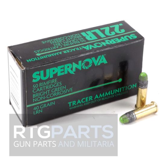 Supernova Tracers, U.S. Made Tracer Ammunition, .22 Long Rifle, 40gr Green Tracer Lead Round Nose, 50 Round Box, 50rds, 22LR, PMSN22LRG, 860010179703, A-SN-22LR-GREEN, RTG Parts