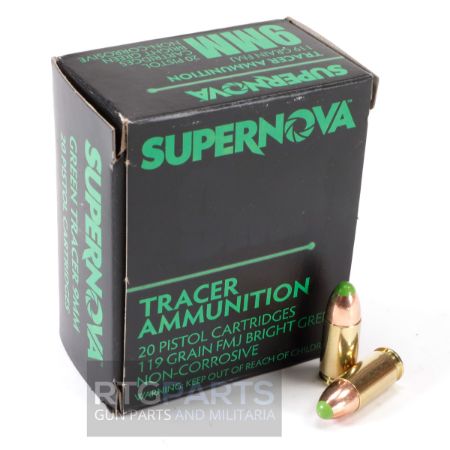 Supernova Tracers, U.S. Made Tracer Ammunition, 9mm Luger, 119gr Green Full Metal Jacket, 20 Round Box, 20rds, 9x19mm, PMSN9MMG, 860010179789, A-SN-9MM-GREEN, RTG Parts
