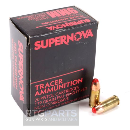 Supernova Tracers, U.S. Made Tracer Ammunition, 9mm Luger, 119gr Red Full Metal Jacket, 20 Round Box, 20rds, 9x19mm, PMSN9MMR, 860010179796, A-SN-9MM-RED, RTG Parts