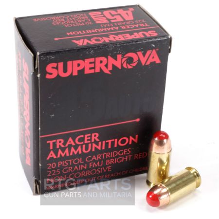Supernova Tracers, U.S. Made Tracer Ammunition, 45acp, 225gr Red Full Metal Jacket, 20 Round Box, 20rds, .45ACP, PMSN45ACR, 860010179758, A-SN-45ACP-RED, RTG Parts