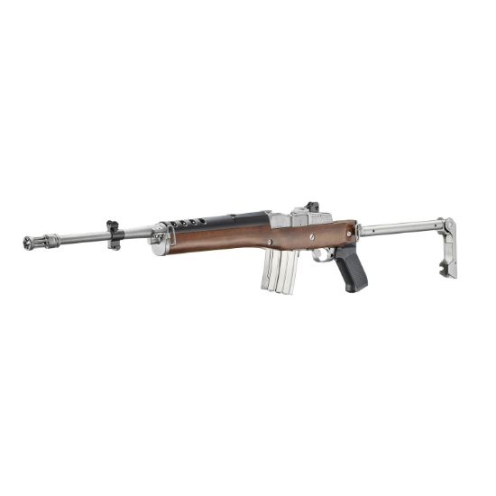 Ruger, Mini-14 Tactical V2 Rifle,  5.56NATO/223Rem, 18.50" Barrel, Threaded 1/2x28, Flash Hider, Stainless Steel, Walnut Stock with Stainless Side Folder Stock and Pistol Grip, Two 20rd Magazines, Includes Picatinny Rail, A-Team, 736676158003, FFL-RUG-15800, RTG Parts