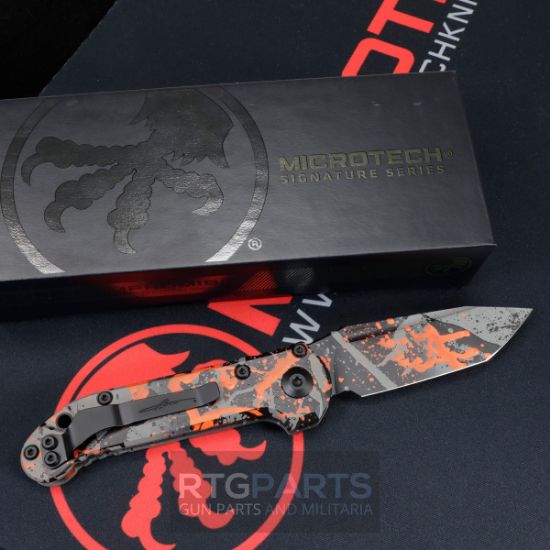 Microtech LUDT, L.U.D.T., Signature Series, Auto Knife, Push Button Automatic, Cerakote Bull Shark Black / Gray / Orange Splatter, 3.5 Inch Tanto Edge (T/E) M390MK, Large Underwater Demolition Team, Made in the USA, 840577401608, 1136S-1BGBK-ORSPLS, RTG Parts