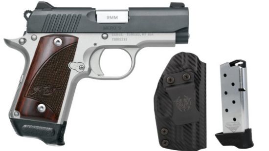 Kimber America, Micro 9 RTC-K, 1911, Semi-automatic, 9MM, Metal Frame Pistol, 3.15" Barrel, Satin Finish, Two Tone, Black Slide with Silver Body, Rosewood Grips, White Dot Sights, Thumb Safety, 7 Rounds, 2 Magazines, Includes Tactical Qualifier Ambidextrous Holster, 669278332567, FFL-KIMBER-3300256, RTG Parts