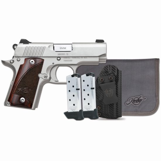 Kimber America, Micro 9 RTC-K, 1911, Semi-automatic, 9MM, Metal Frame Pistol, 3.15" Barrel, Satin Finish, Silver, Rosewood Grips, White Dot Sights, Thumb Safety, 7 Rounds, 2 Magazines, Includes Tactical Qualifier Ambidextrous Holster, 669278332550, FFL-KIMBER-3300255, RTG Parts