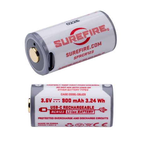 Surefire, Rechargeable Battery, CR123A, White 084871329811, Includes USB-A to USB-C Charging Cable, 900 mAh Capacity, 084871334440, SF-SFRCR123, RTG PARTS