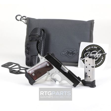 Kimber America, Micro 9 RTC-K, 1911, Semi-automatic, 9MM, Metal Frame Pistol, 3.15" Barrel, Satin Finish, Two Tone, Black Slide with Silver Body, Rosewood Grips, White Dot Sights, Thumb Safety, 7 Rounds, 2 Magazines, Includes Tactical Qualifier Ambidextrous Holster, 669278332567, FFL-KIMBER-3300256, RTG Parts